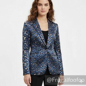 Banana Republic Blue Leopard Print Boyfriend Blazer Jacket 4P Petite - Like New